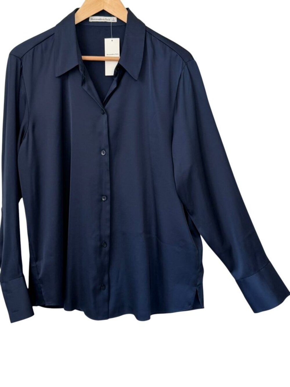 Abercrombie & Fitch Satin Relaxed Button Up Long Sleeve Blouse Navy Blue Large
